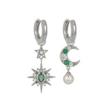 Luna Moon & Star Huggie Hoop Earrings Emerald Green & Silver