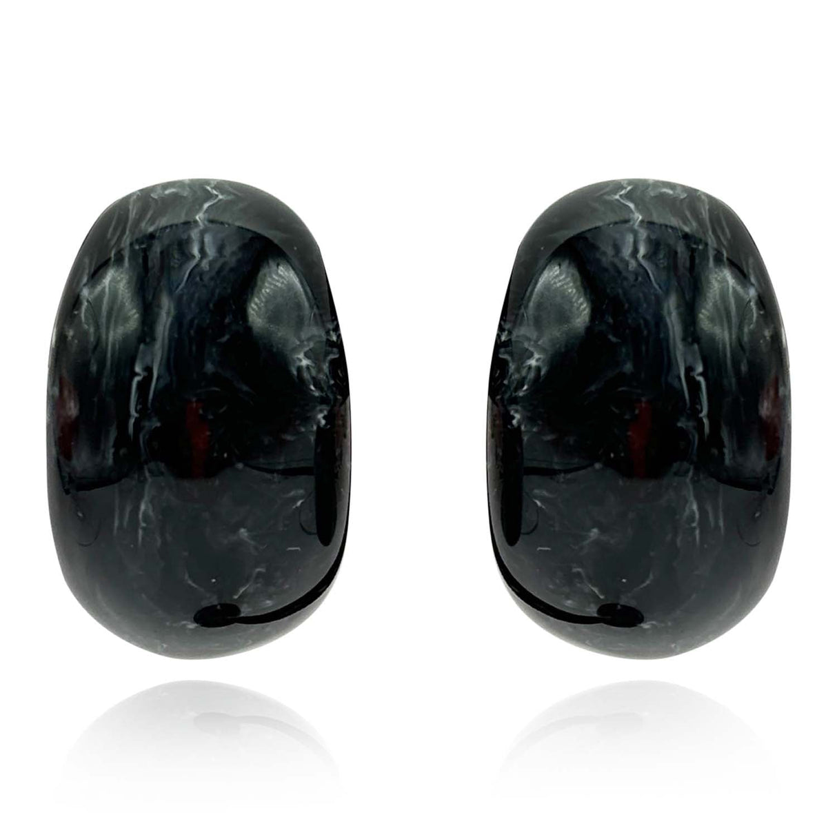 Black Marbled Resin Clip on Semi Hoop Earrings