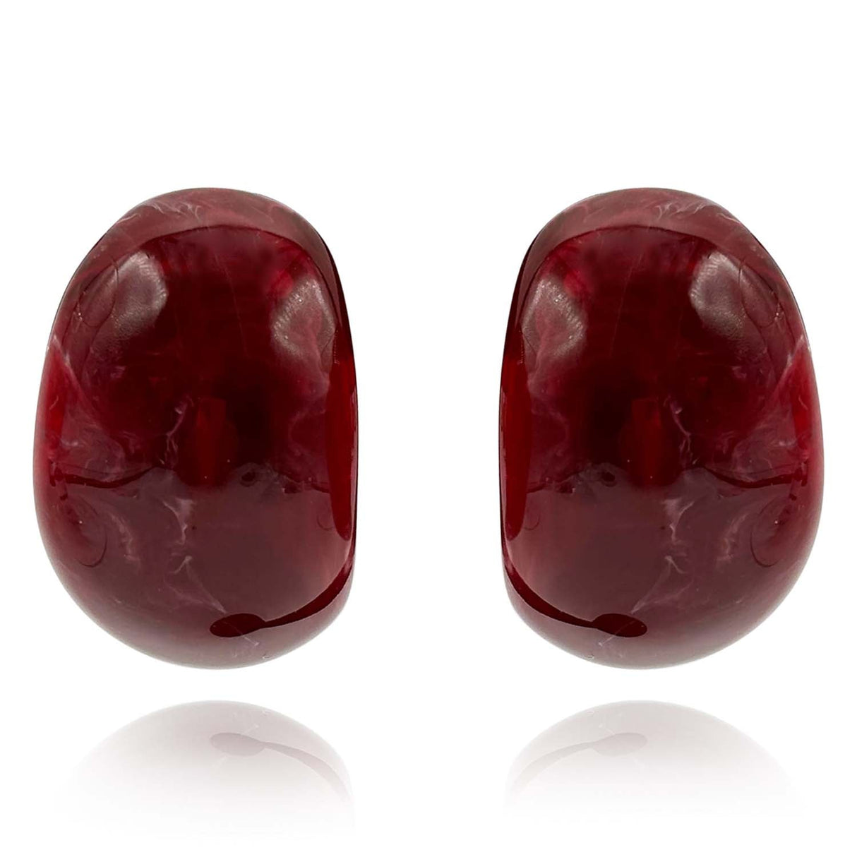 Ruby-Burgundy Marbled Resin Semi Hoop Clip on Earrings
