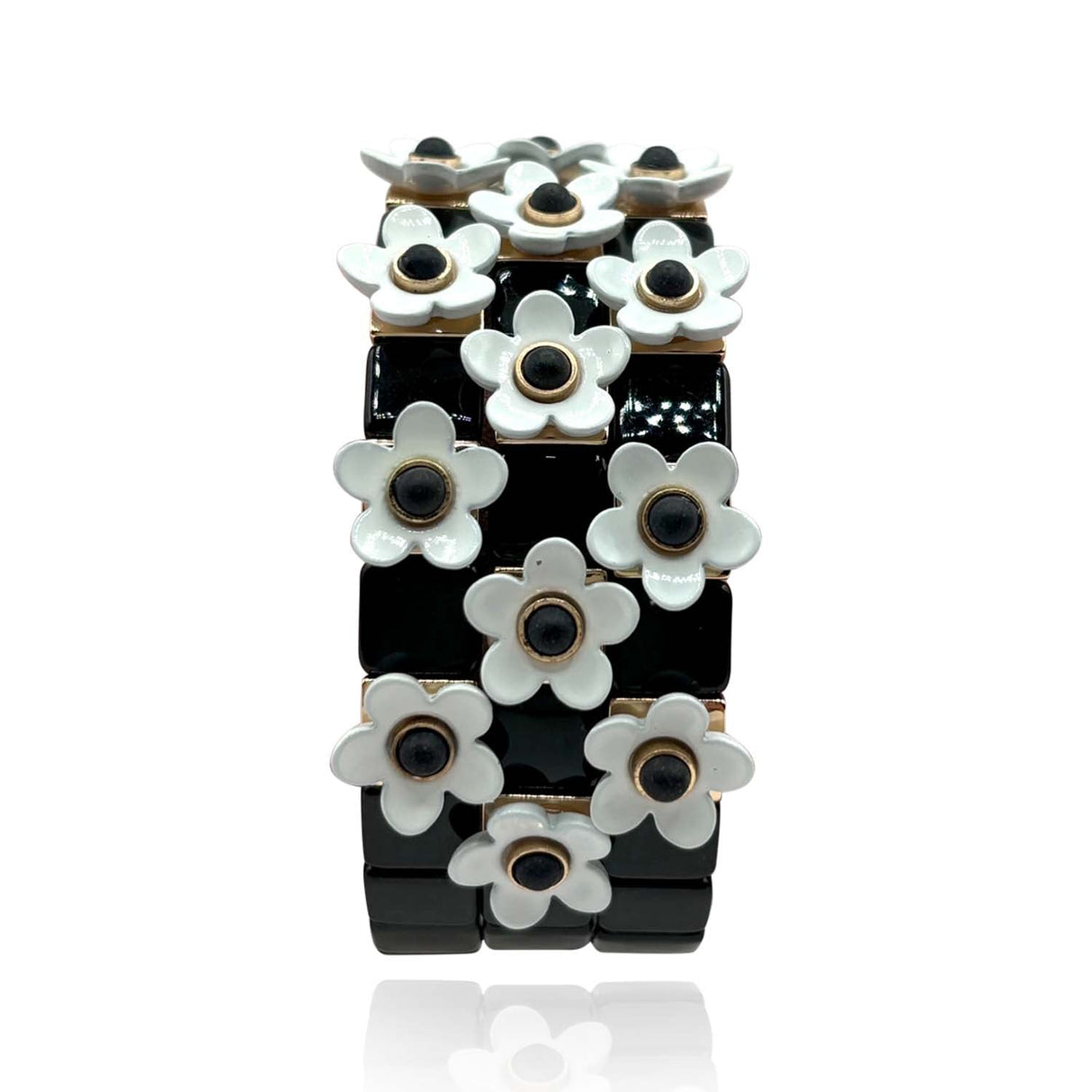 Black and White Floral Enamel Elasticized Bracelets