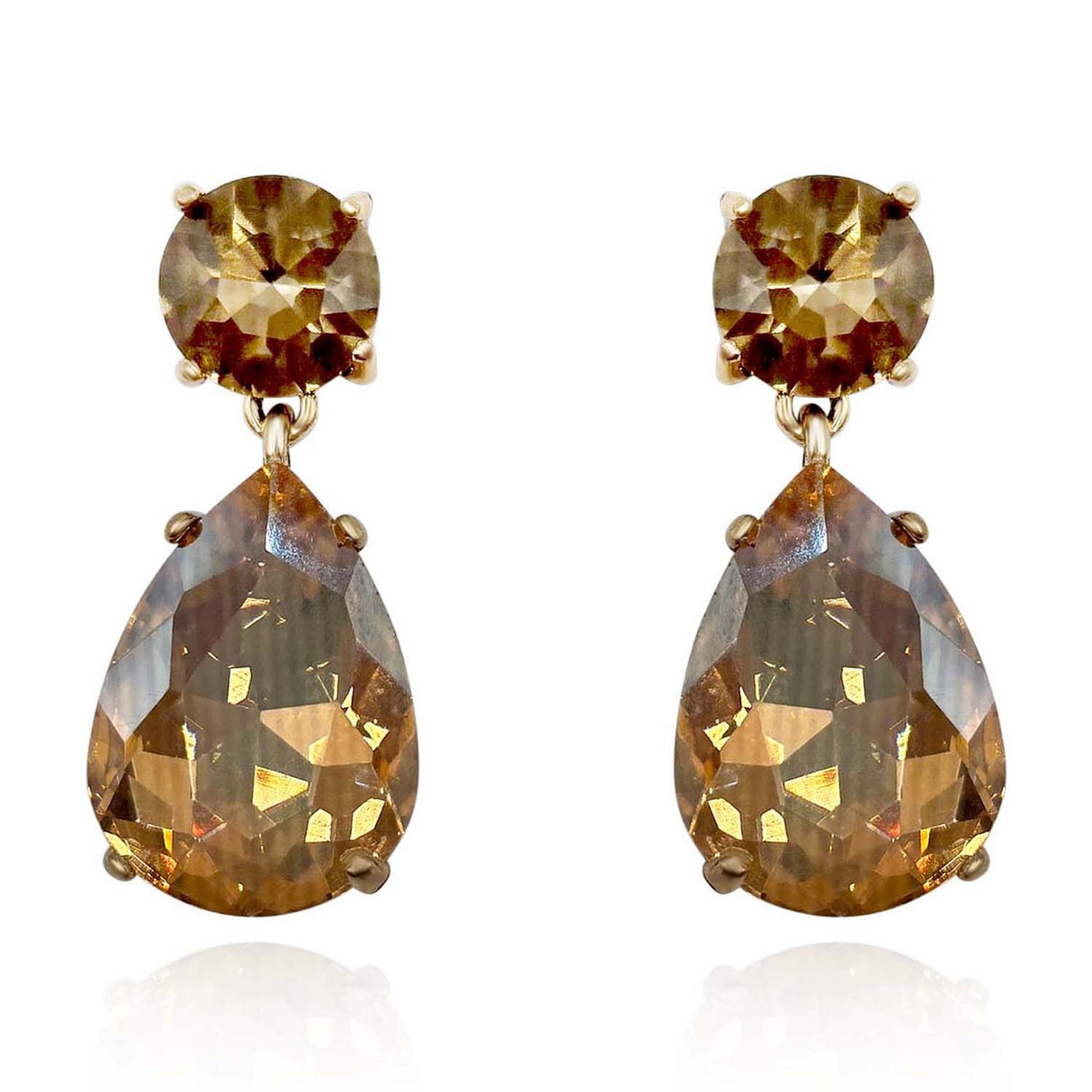 Large Pear-Faceted Champagne Crystal Drop Earrings in Brass With Gold Plating