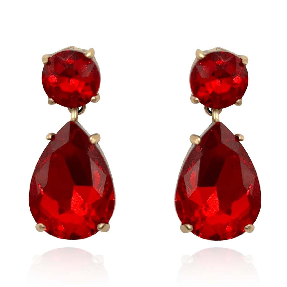 Large Pear-Faceted Ruby Crystal Drop Earrings in Brass With Gold Plating
