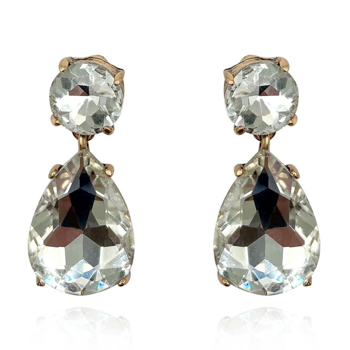 Large Pear-Faceted Crystal Drop Clip on Earrings in Brass With Gold Plating