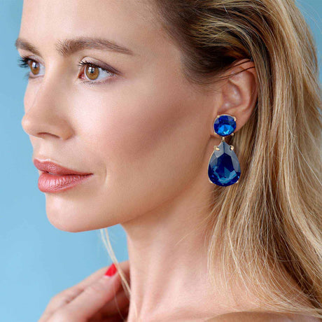 Large Pear-Faceted Sapphire Crystal Drop Earrings in Brass With Gold Plating