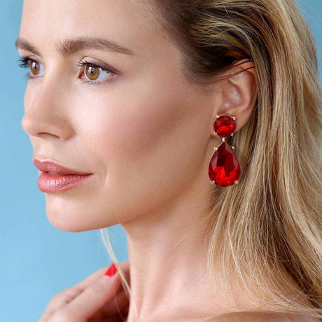 Large Pear-Faceted Ruby Crystal Drop Earrings in Brass With Gold Plating