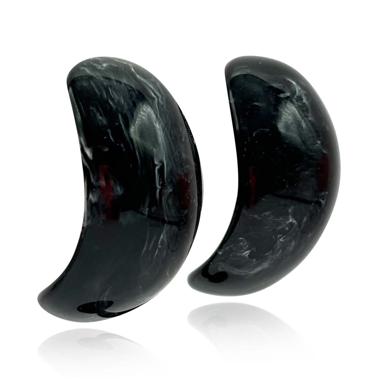 Black Marbled Resin Clip on Semi Hoop Earrings