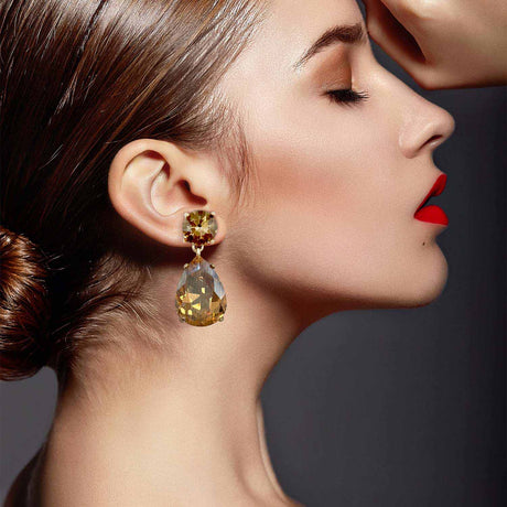 Large Pear-Faceted Champagne Crystal Drop Earrings in Brass With Gold Plating