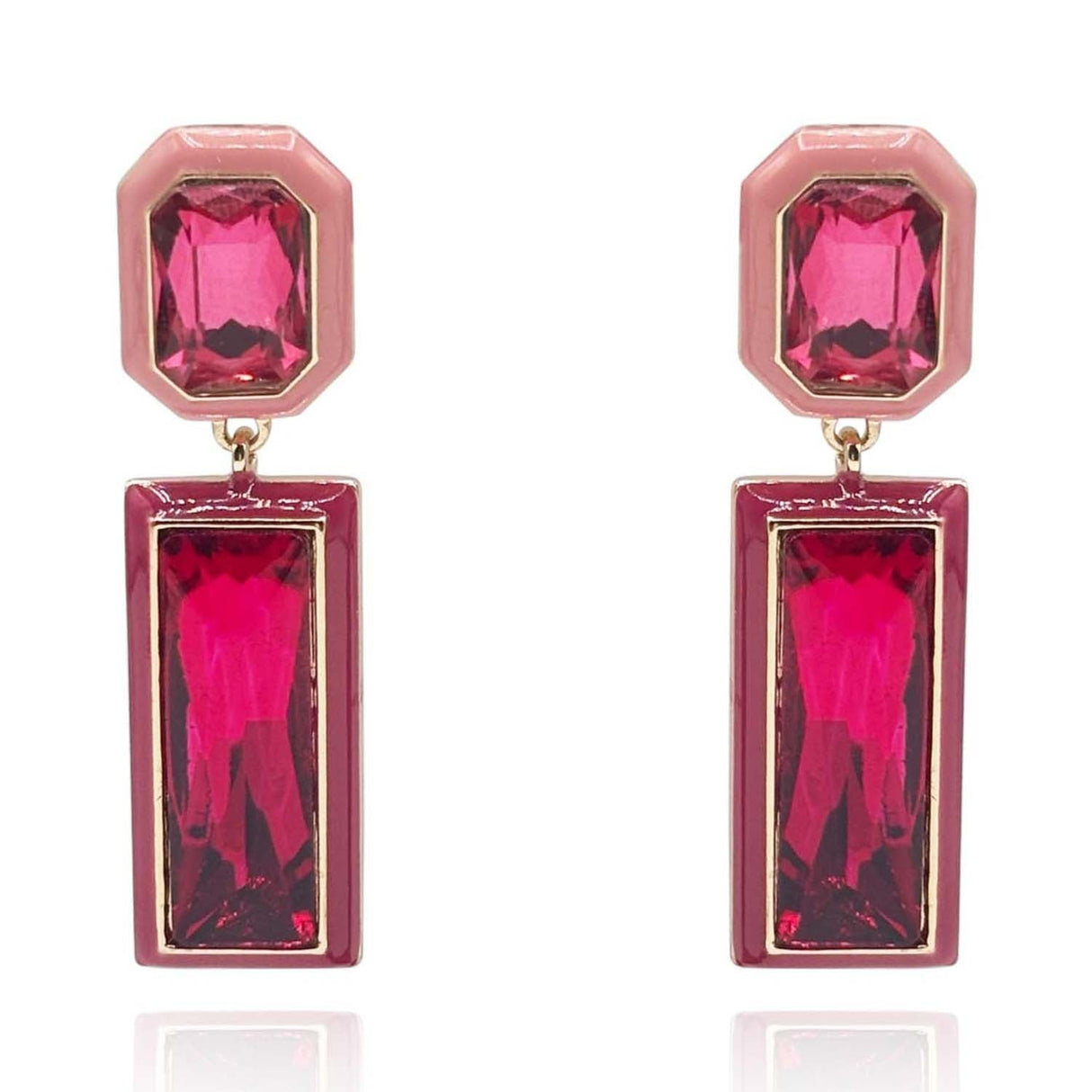 Pink and Red Enamel Edged Pink and Fuschia Glass Stone Earrings