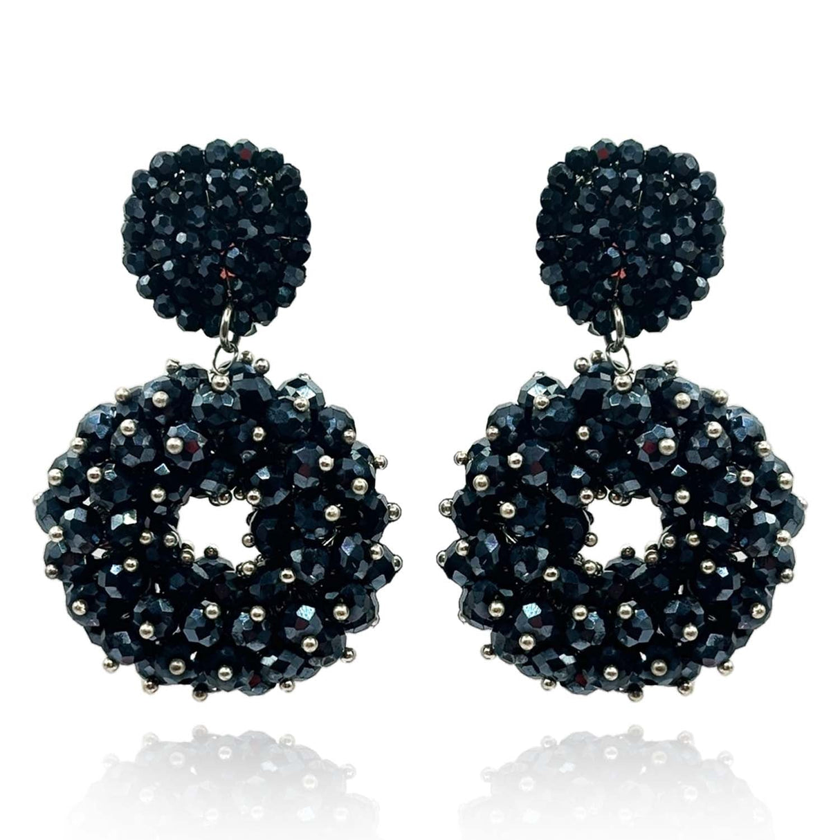 Black Glass Faceted Bead Clip on Drop Earrings