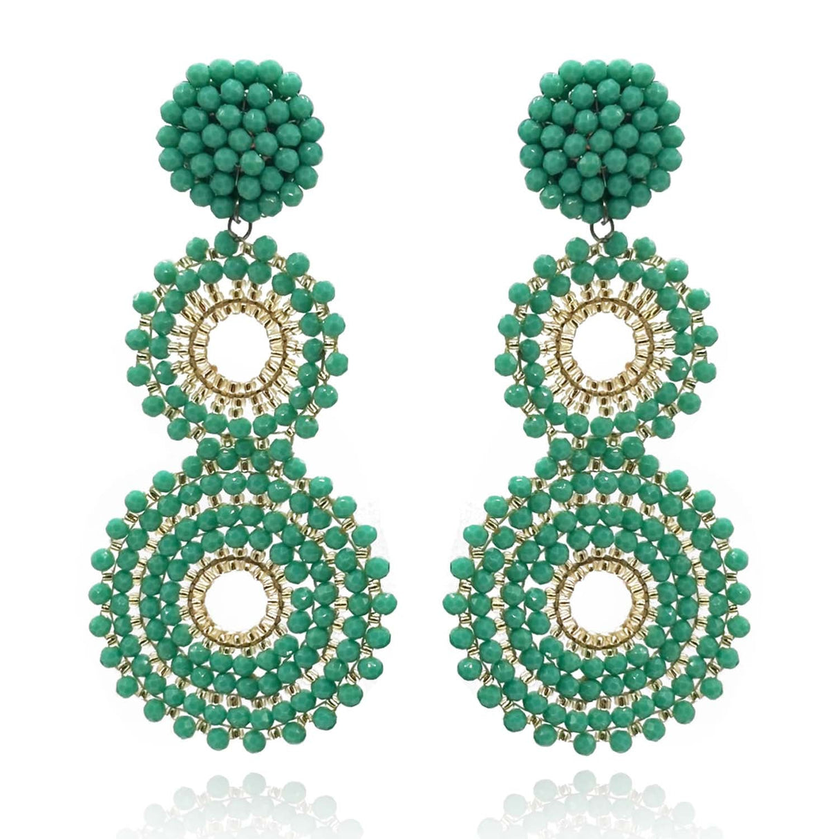 Turquoise and Gold Glass Clip on Boho Drop Earrings