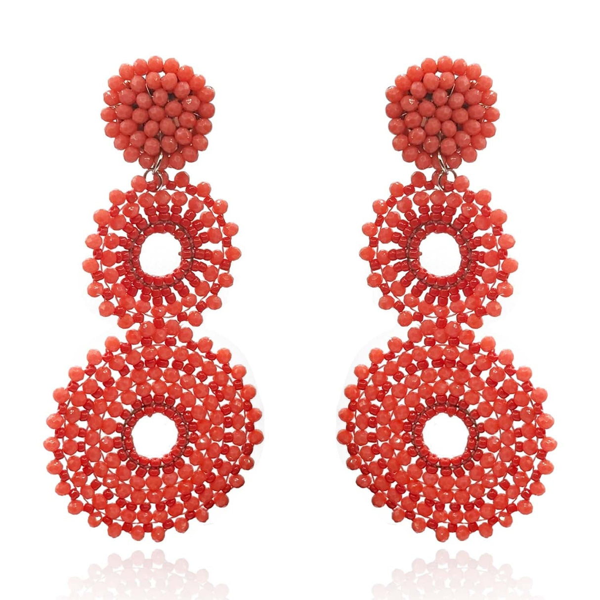 Coral Glass Clip on Boho Drop Earrings