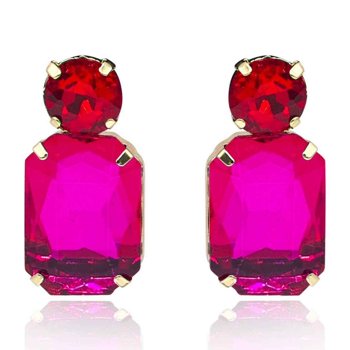 Fuschia Crystal Ocatgon and Ruby Round Stone Drop Earrings