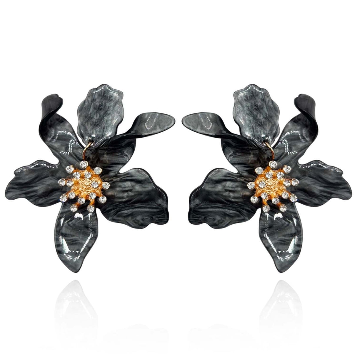 Hematite Colored Floral Resin Drop Earrings