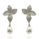 Cubic Zirconium Pave and Pearl Drop Clip on Earrings