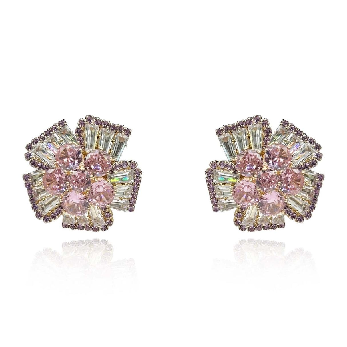 Pink Sapphire and Baguette Crystal Clip on Button Earrings