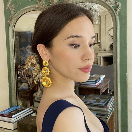 Triple Round Crystal Topaz Drop Earrings Surrounded by Round Topaz Stones