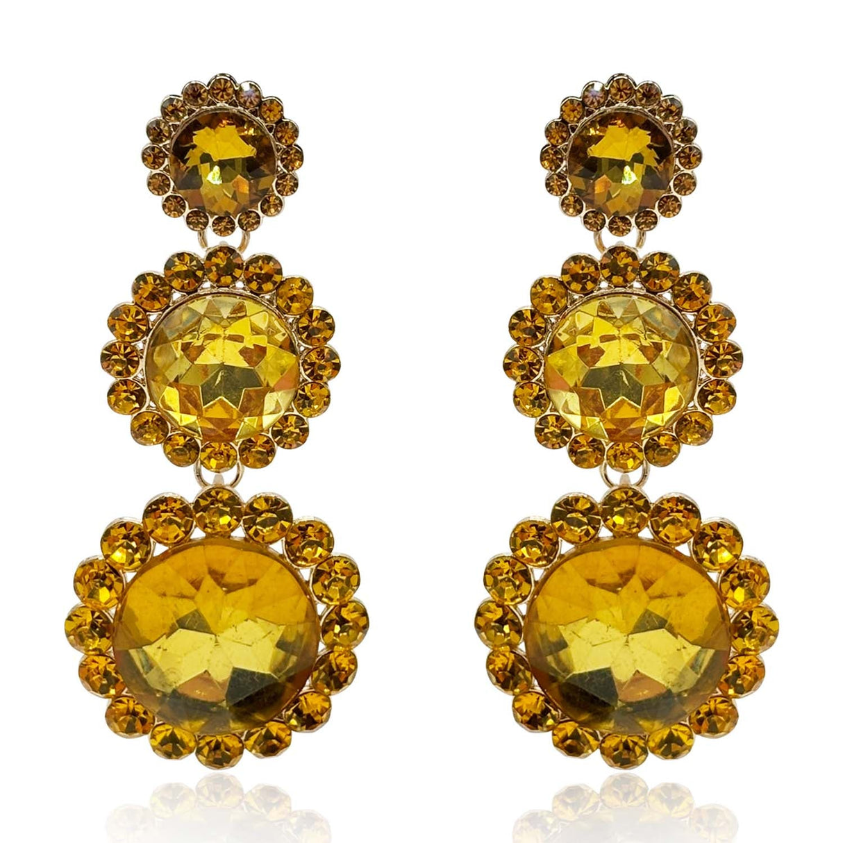 Triple Round Crystal Topaz Drop Earrings Surrounded by Round Topaz Stones