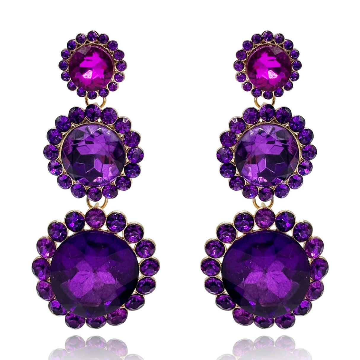 Triple Round Crystal Amethyst Drop Earrings Surrounded by Round Amethyst Stones