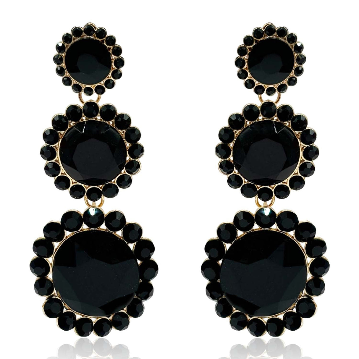 Triple Round Crystal Jet Drop Earrings Surrounded by Round Jet Stones