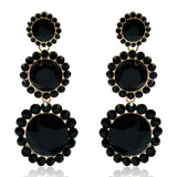 Triple Round Crystal Jet Drop Earrings Surrounded by Round Jet Stones