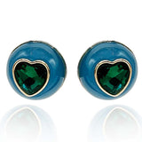 Blue Resin and Emerald Heart Crystal Button Earrings