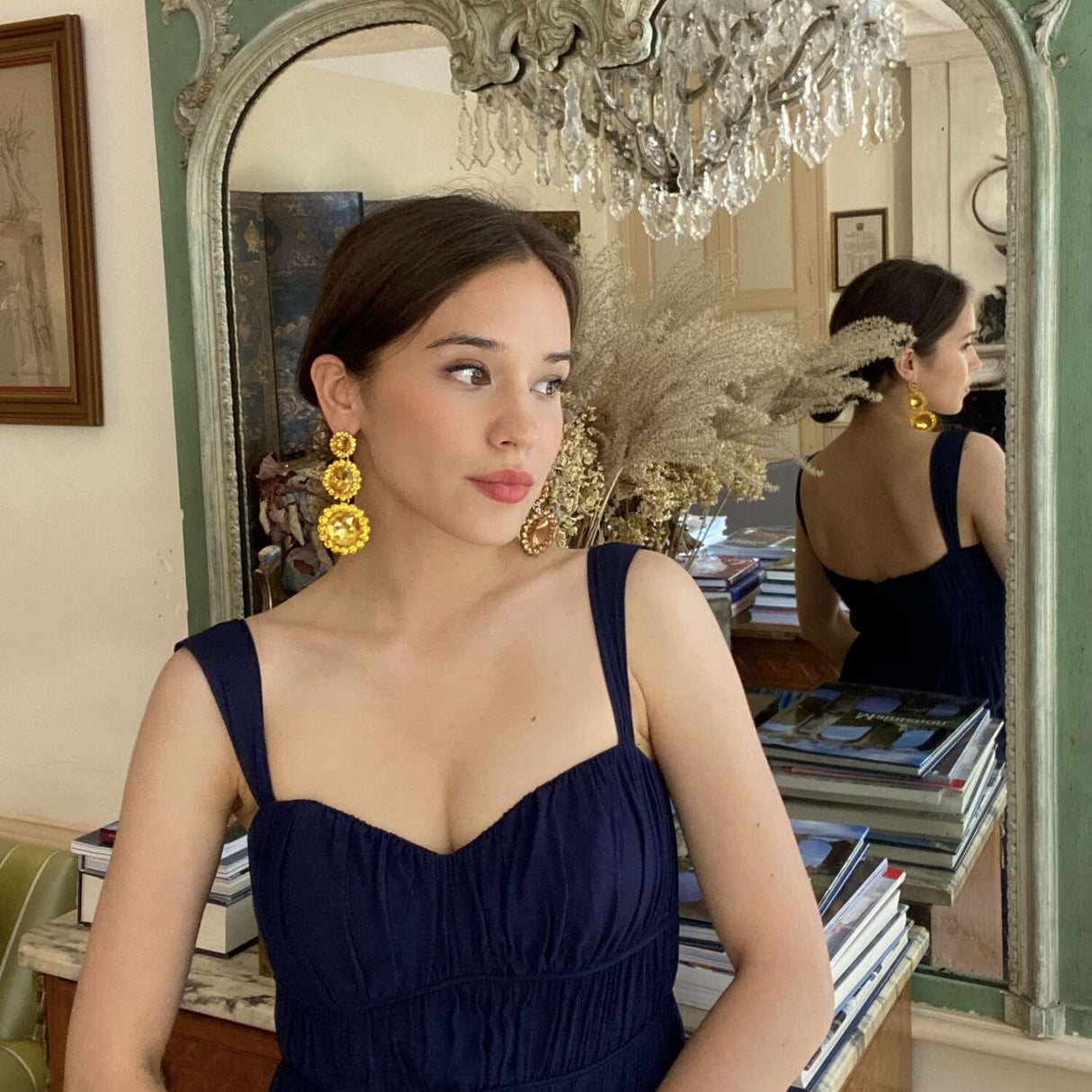 Triple Round Crystal Topaz Drop Earrings Surrounded by Round Topaz Stones