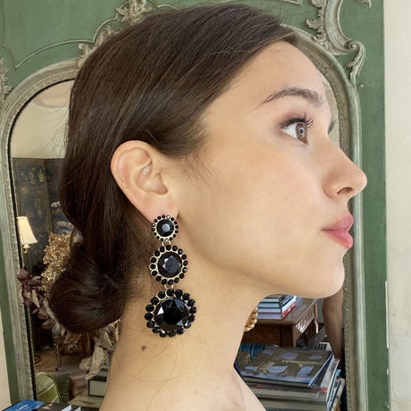 Triple Round Crystal Jet Drop Earrings Surrounded by Round Jet Stones