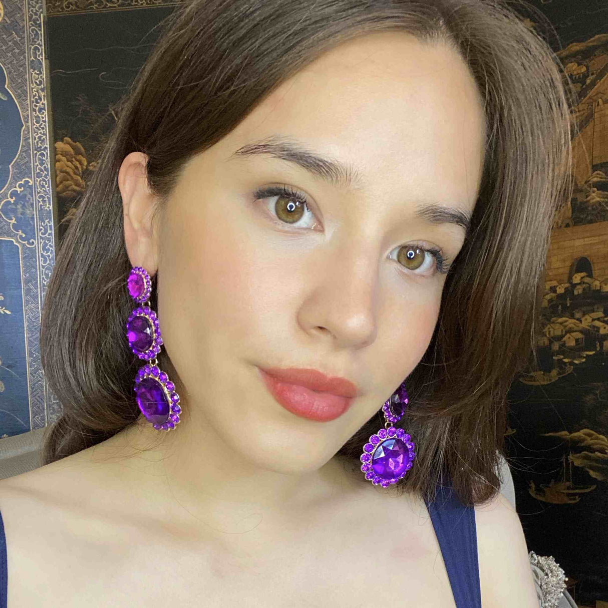 Triple Round Crystal Amethyst Drop Earrings Surrounded by Round Amethyst Stones