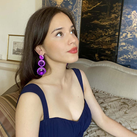 Triple Round Crystal Amethyst Drop Earrings Surrounded by Round Amethyst Stones