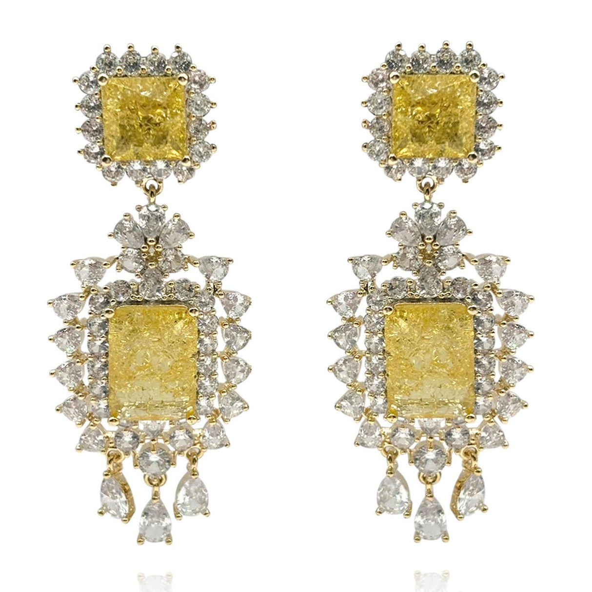 Canary and Crystal Clip on Drop Earrings in Gold Plated Brass Setting