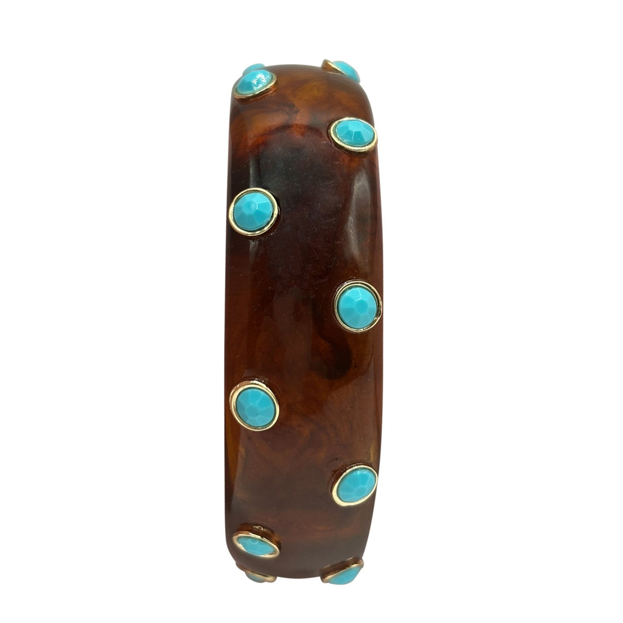 Tortoise Resin Bangle With Turquoise Glass Stones in Gold-Plated Brass Settings