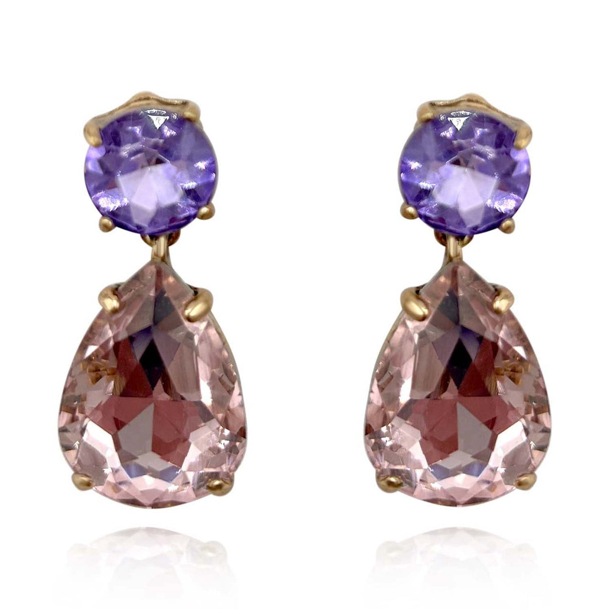 Large Pear-Faceted Rose and Light Amethyst Crystal Drop Earrings in Brass With Gold Plating