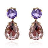 Large Pear-Faceted Rose and Light Amethyst Crystal Drop Earrings in Brass With Gold Plating