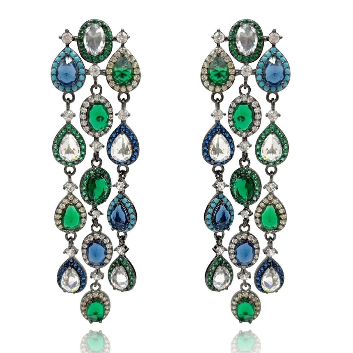Multi-Color Crystal Gemstone Clip on Earrings Set in Blackened Rhodium