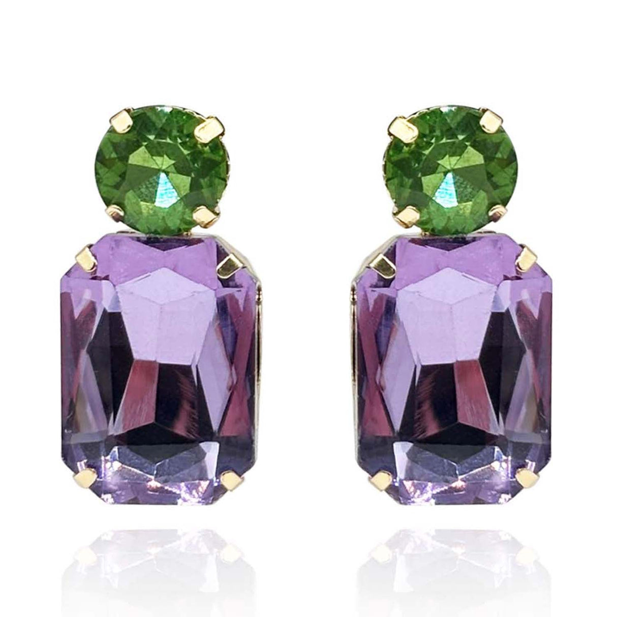 Light Amethyst Crystal Ocatgon and Peridot Round Stone Drop Earrings