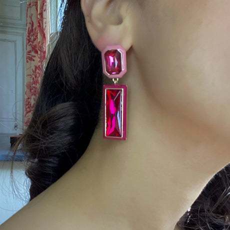 Pink and Red Enamel Edged Pink and Fuschia Glass Stone Earrings