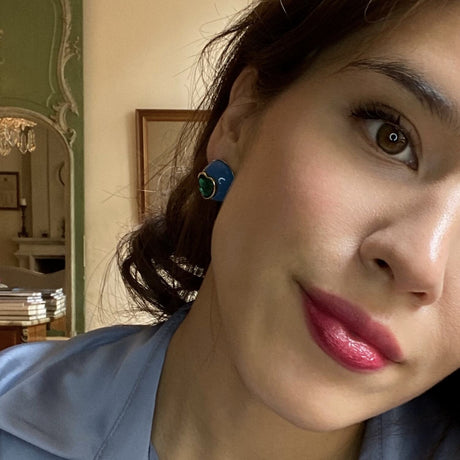 Blue Resin and Emerald Heart Crystal Button Earrings