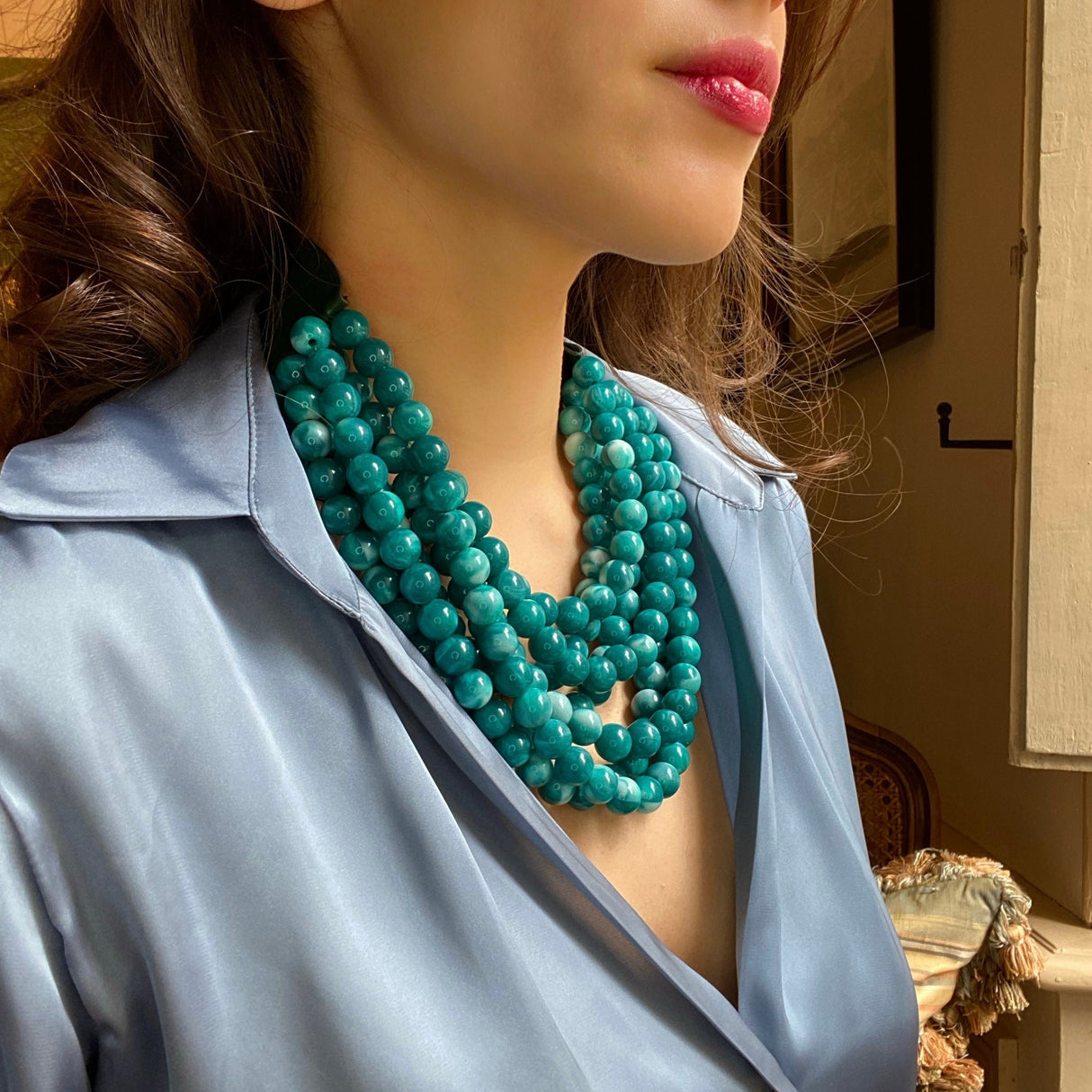Multi-Strand Faux Resin Shades of Turquoise Necklace With Vegan Adjustable Clasp