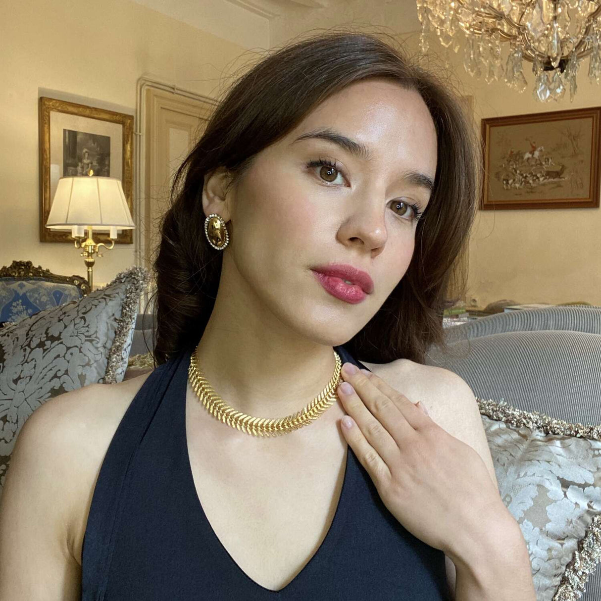 Crystal Trimmed Oval Gold Earrings
