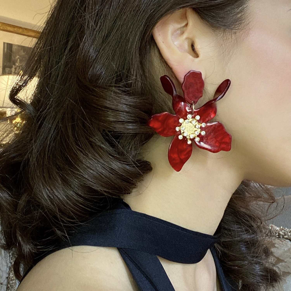 Burgundy Floral Resin Drop Earrings