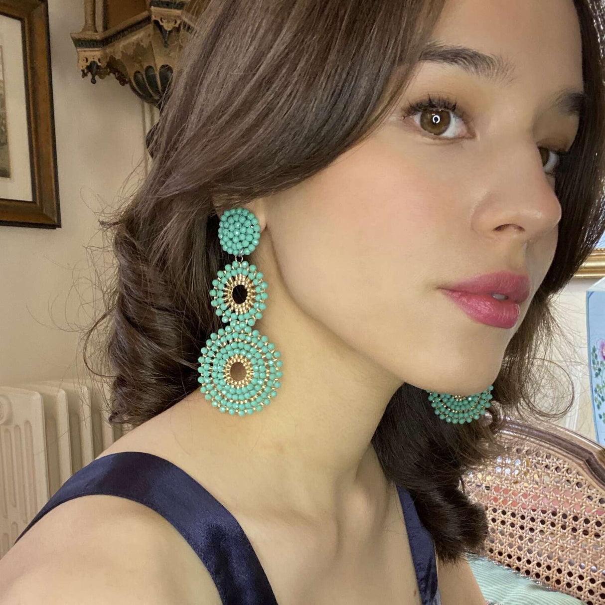 Turquoise and Gold Glass Clip on Boho Drop Earrings