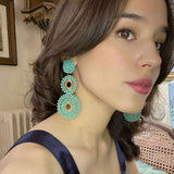 Turquoise and Gold Glass Clip on Boho Drop Earrings