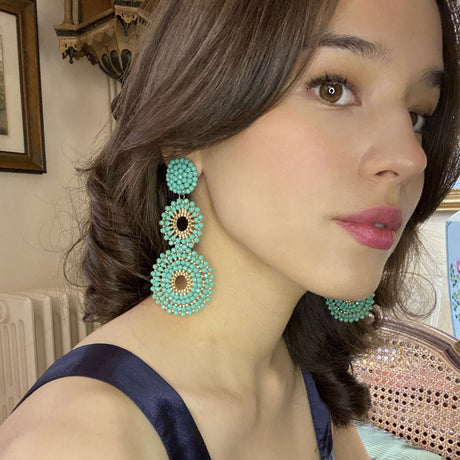 Turquoise and Gold Glass Clip on Boho Drop Earrings