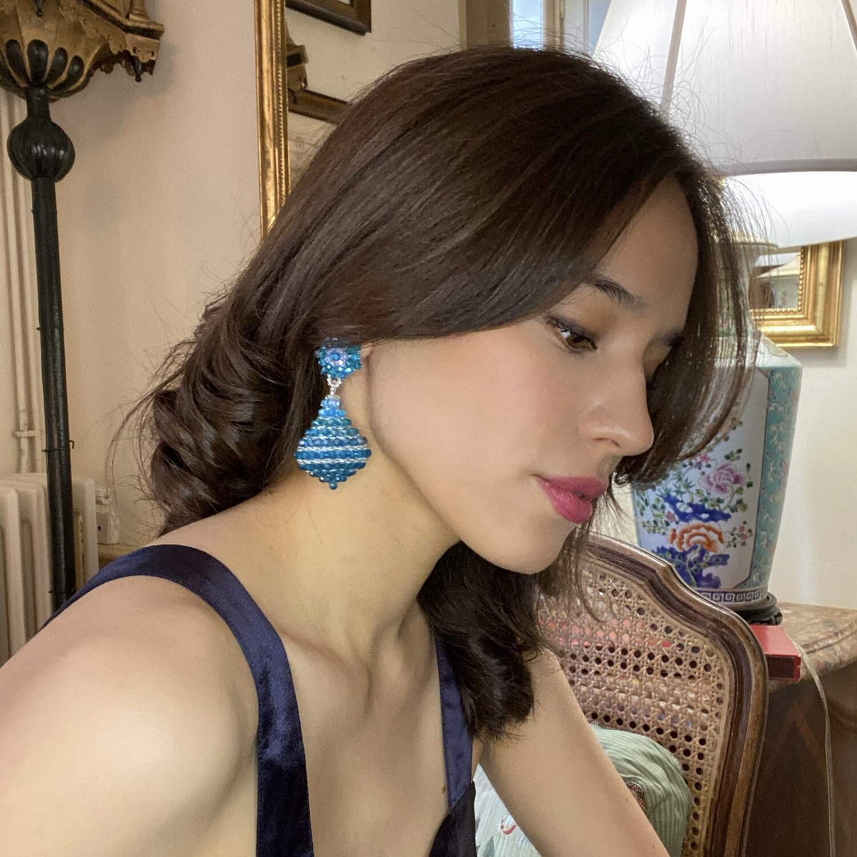 Aqua Faceted Bead Clip on Drop Earrings