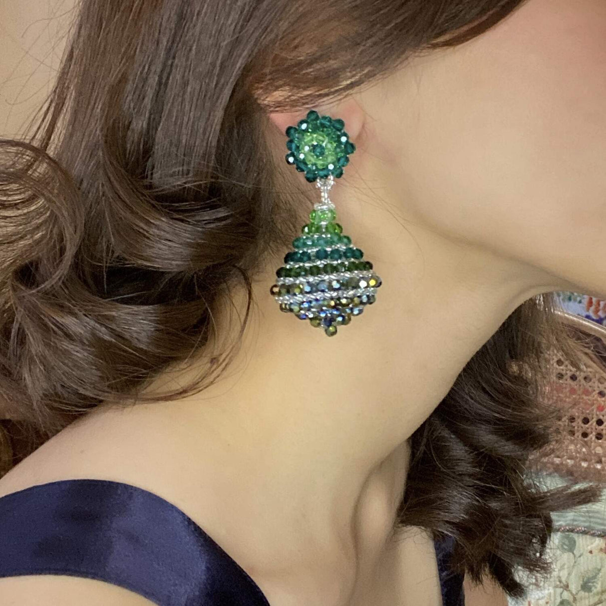 Emerald Faceted Bead Clip on Drop Earrings