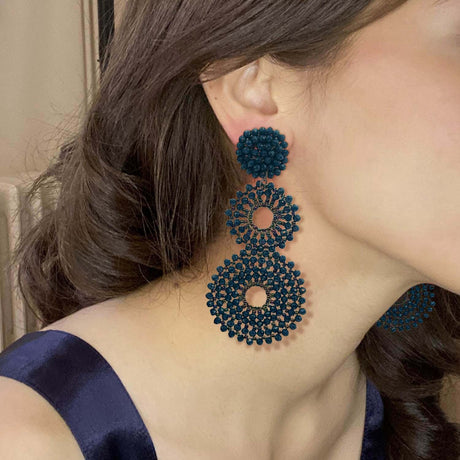 Navy Glass Clip on Boho Drop Earrings