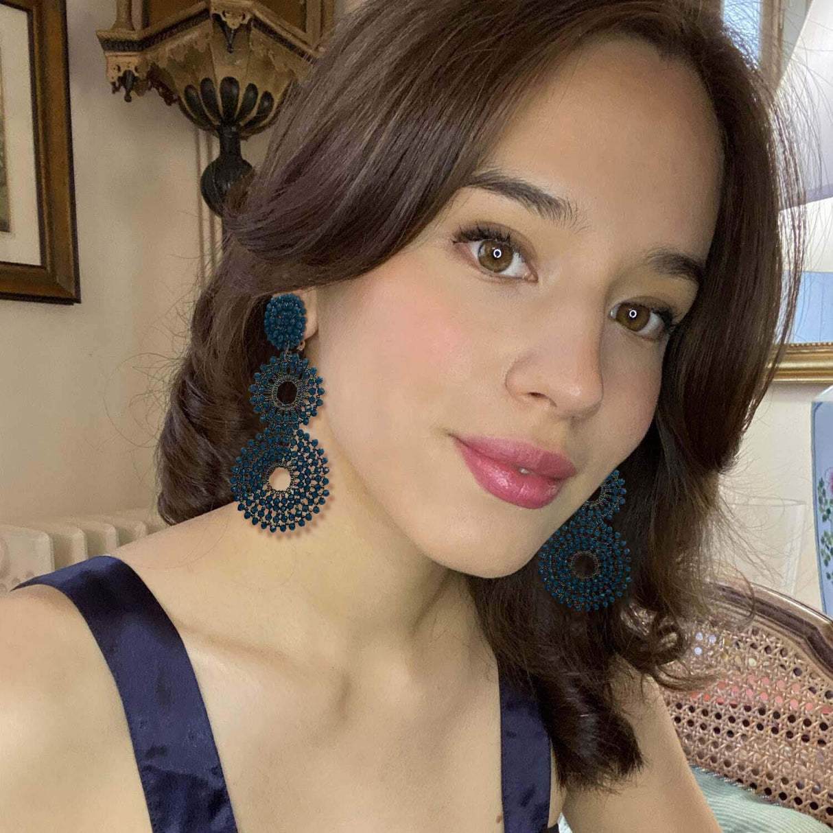 Navy Glass Clip on Boho Drop Earrings