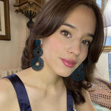Navy Glass Clip on Boho Drop Earrings
