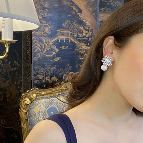 Crystal Baguette and Pearl Clip on Drop Earrings