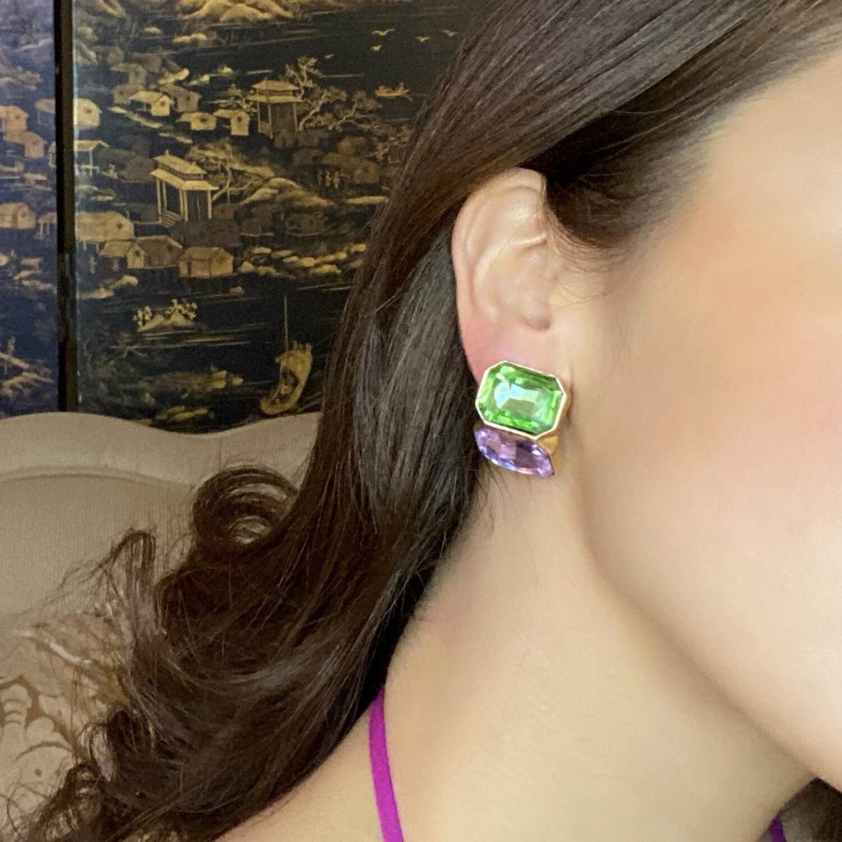 Peridot and Light Amethyst Double Stone Clip Earrings